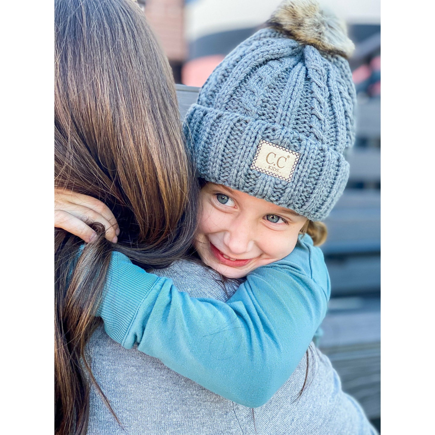 Kids Cable Ribbed Faux Fur Pom Beanie