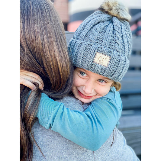 Kids Cable Ribbed Faux Fur Pom Beanie