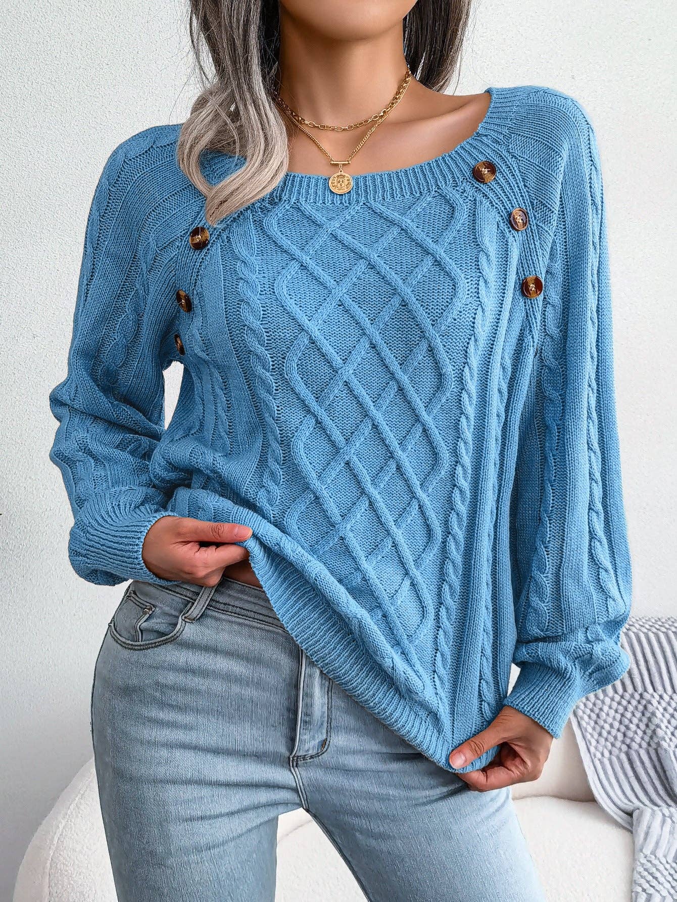 Fall Winter Casual Square Neck Button Detail Cable Knit Swea