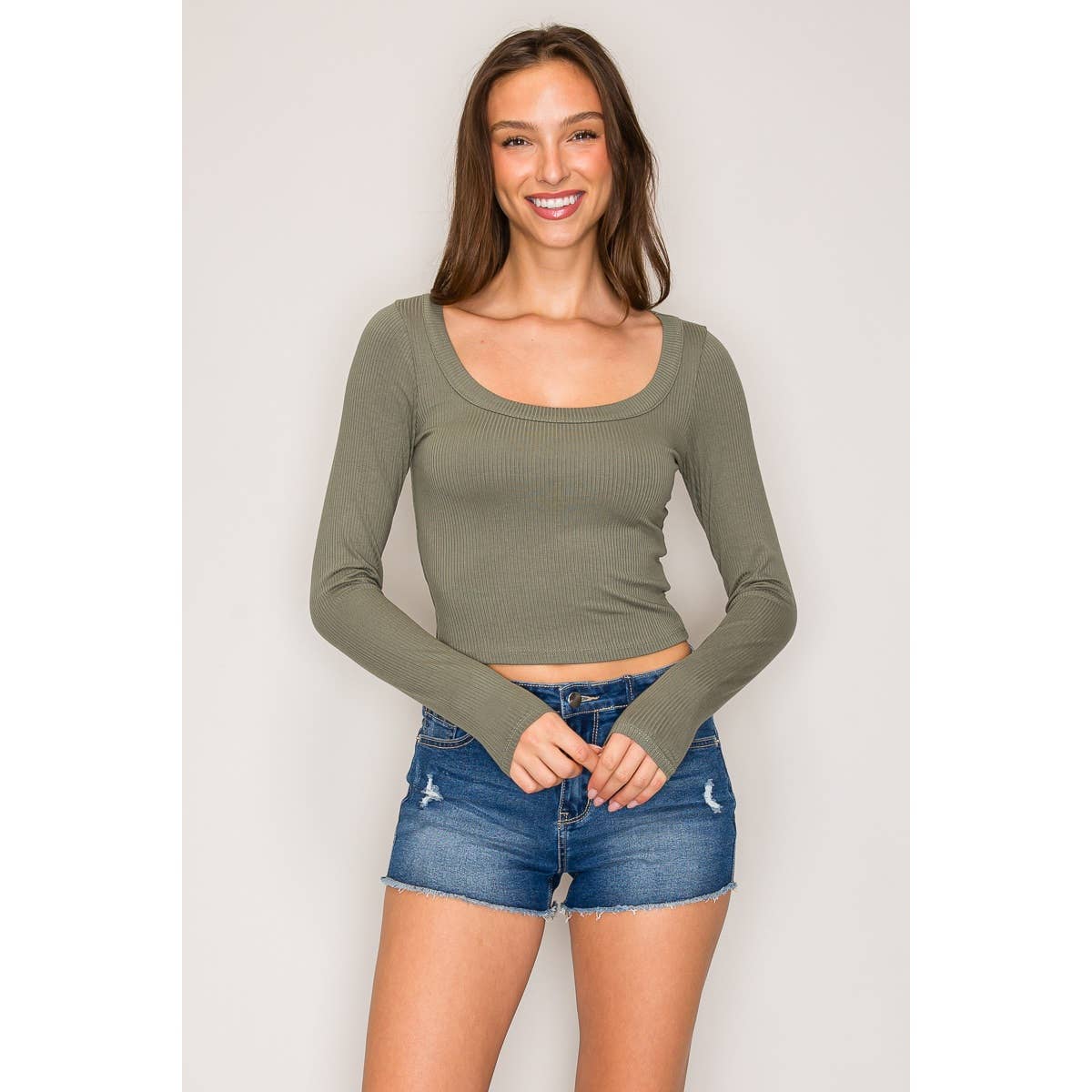 Ribbed Long Sleeve Wide Neck Top