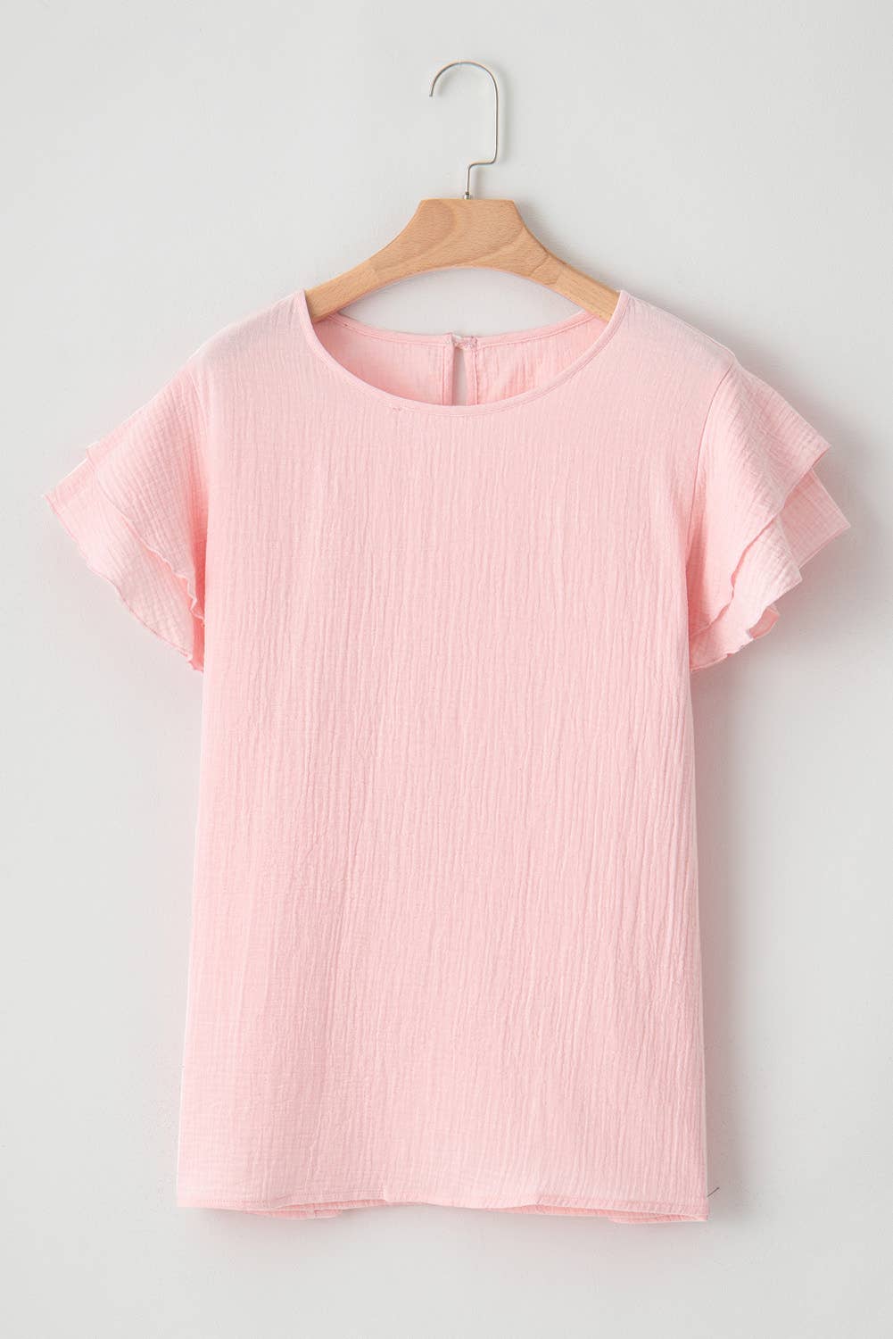 Plus Size Light Pink Ruffle Round Neck Short Sleeve Top