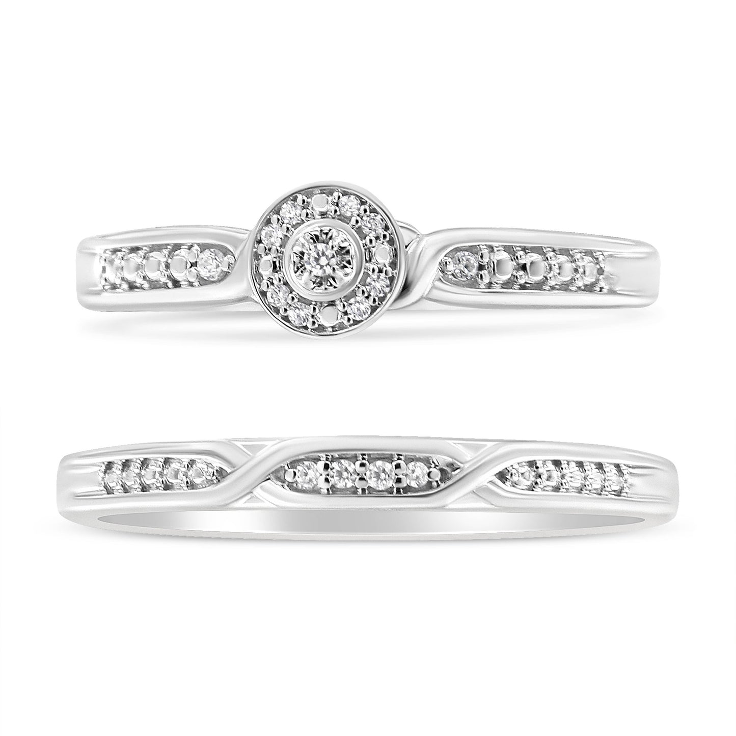 Silver Diamond Frame Twist Shank Bridal Set Ring and Band
