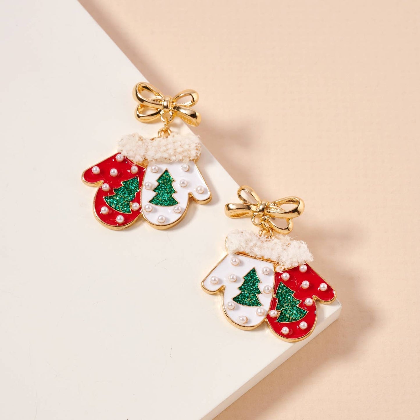 Christmas Gloves with Pearls Enamel Dangling Earrings