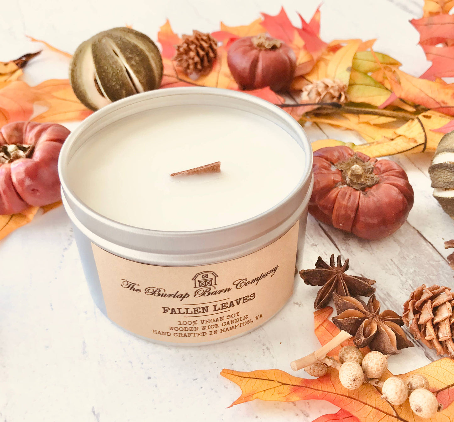 Wholesale 8 oz Handpoured Wooden Wick Soy Fall Candle Tins