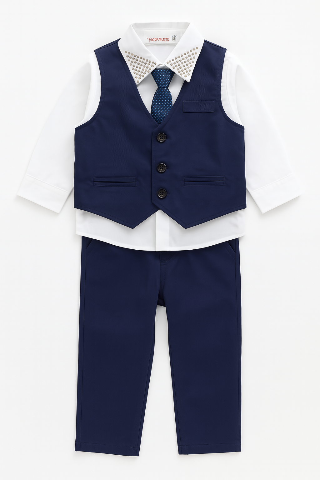 Navy White Studded 4pcs Boy Formal Suit Outfit