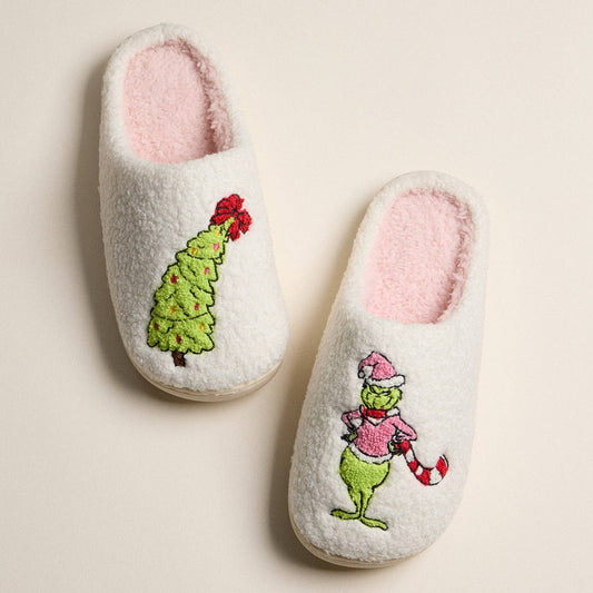Whimsical Green Monster Tree Embroidered Holiday Slippers for Christmas Gift