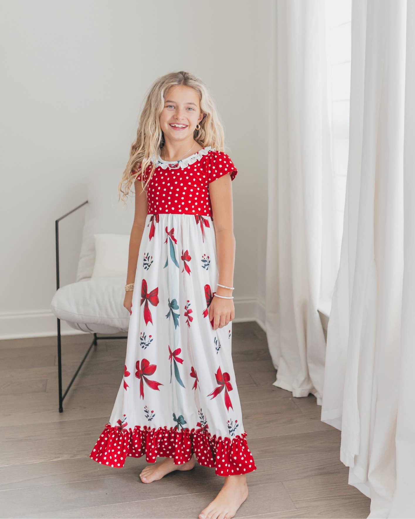 Kids Red Green Christmas Bow Holiday Ruffle Lounge Play Gown