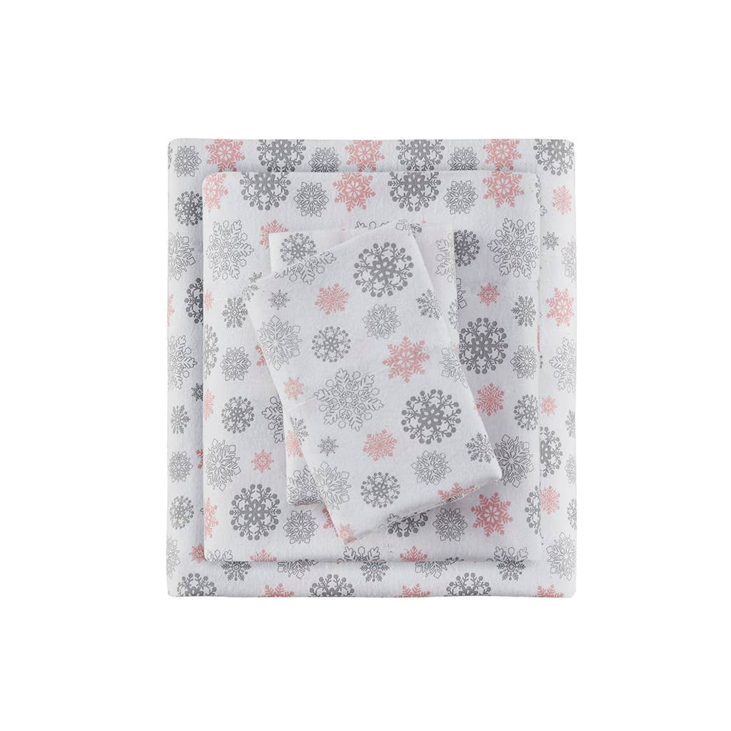 Flannel Cotton Winter Sheet Set, Grey/Blush Snowflakes