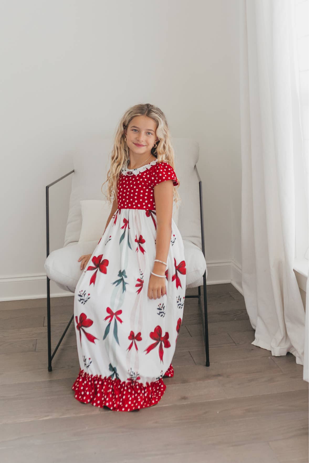 Kids Red Green Christmas Bow Holiday Ruffle Lounge Play Gown