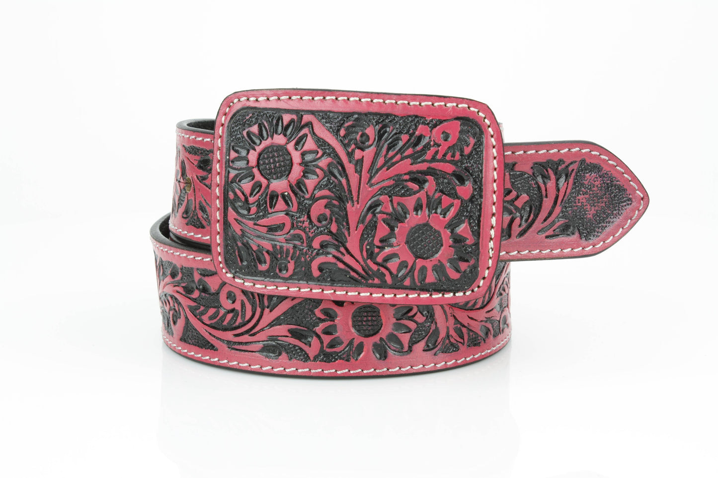 Western Tooled Leather Belt in Black and Pink ABB 38 1013