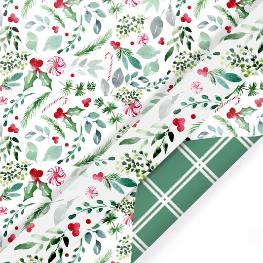 Reversible Holiday Wrapping Paper Watercolor Holly & Lattice