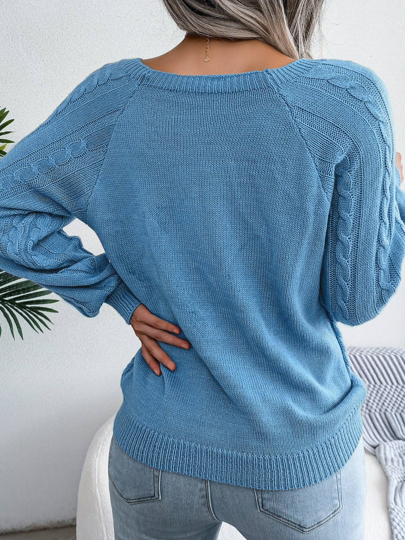 Fall Winter Casual Square Neck Button Detail Cable Knit Swea