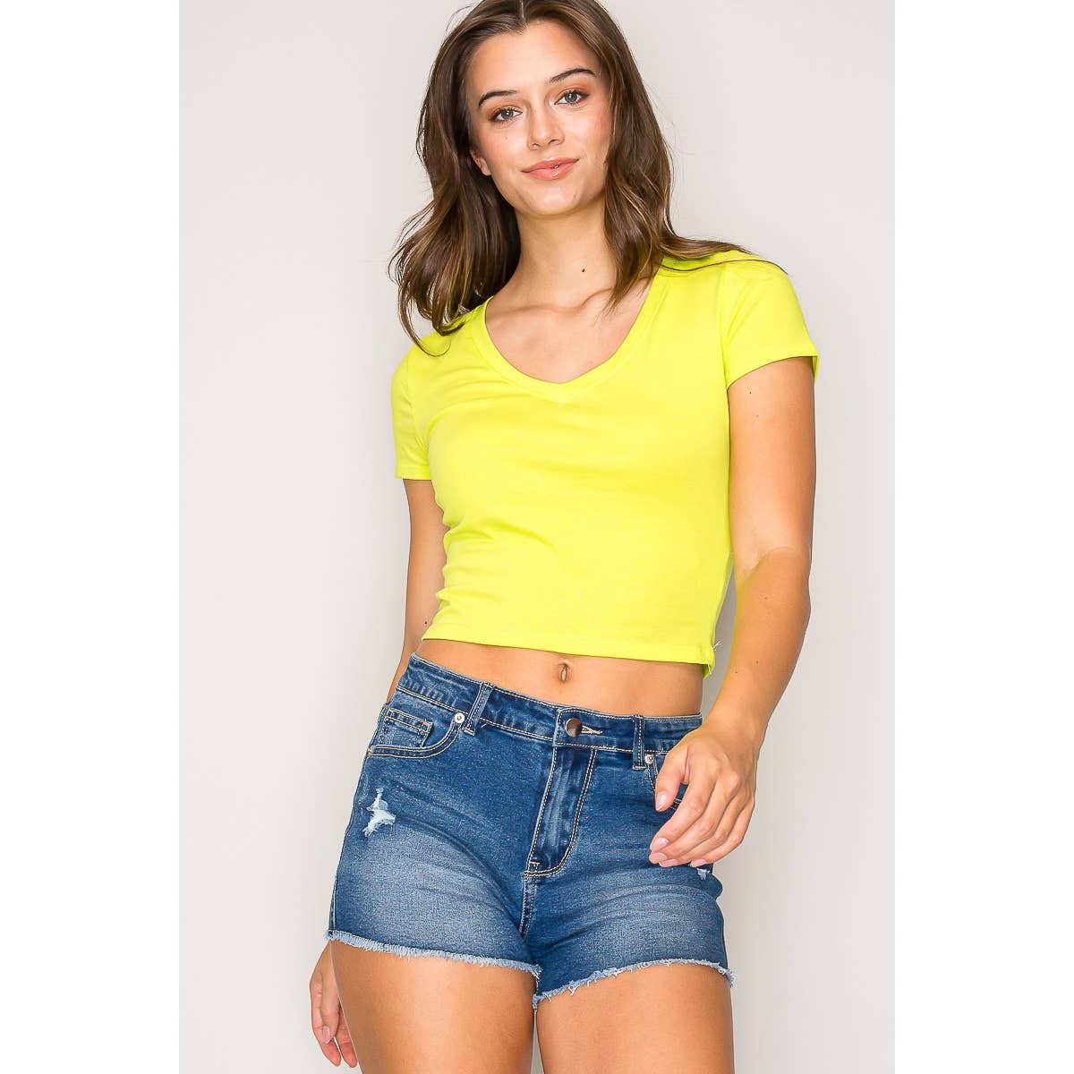 V Neck Short Sleeve Rib Knit Solid Cropped Tee