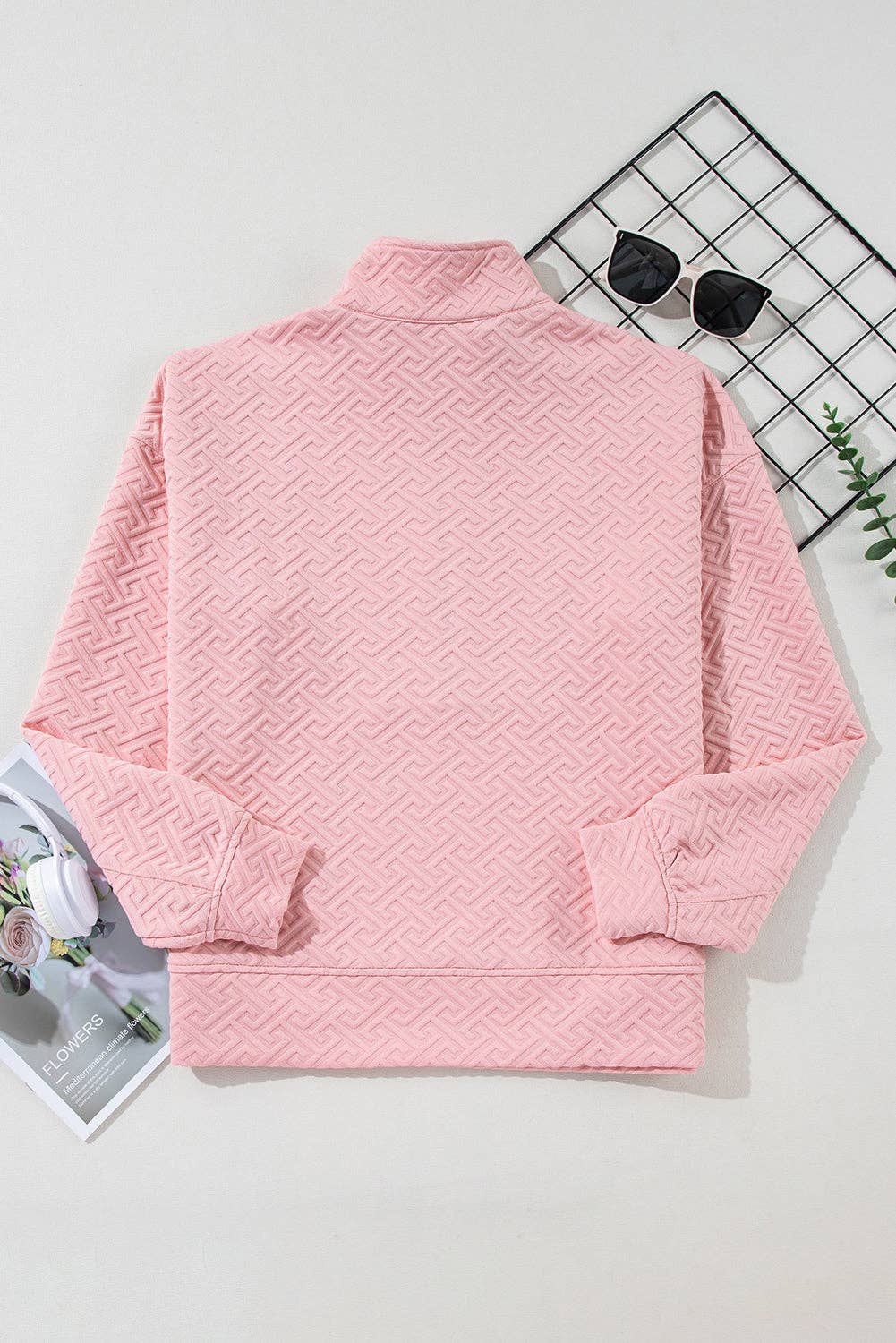 Solid Textured Half Zipper Collared Sweatshirt