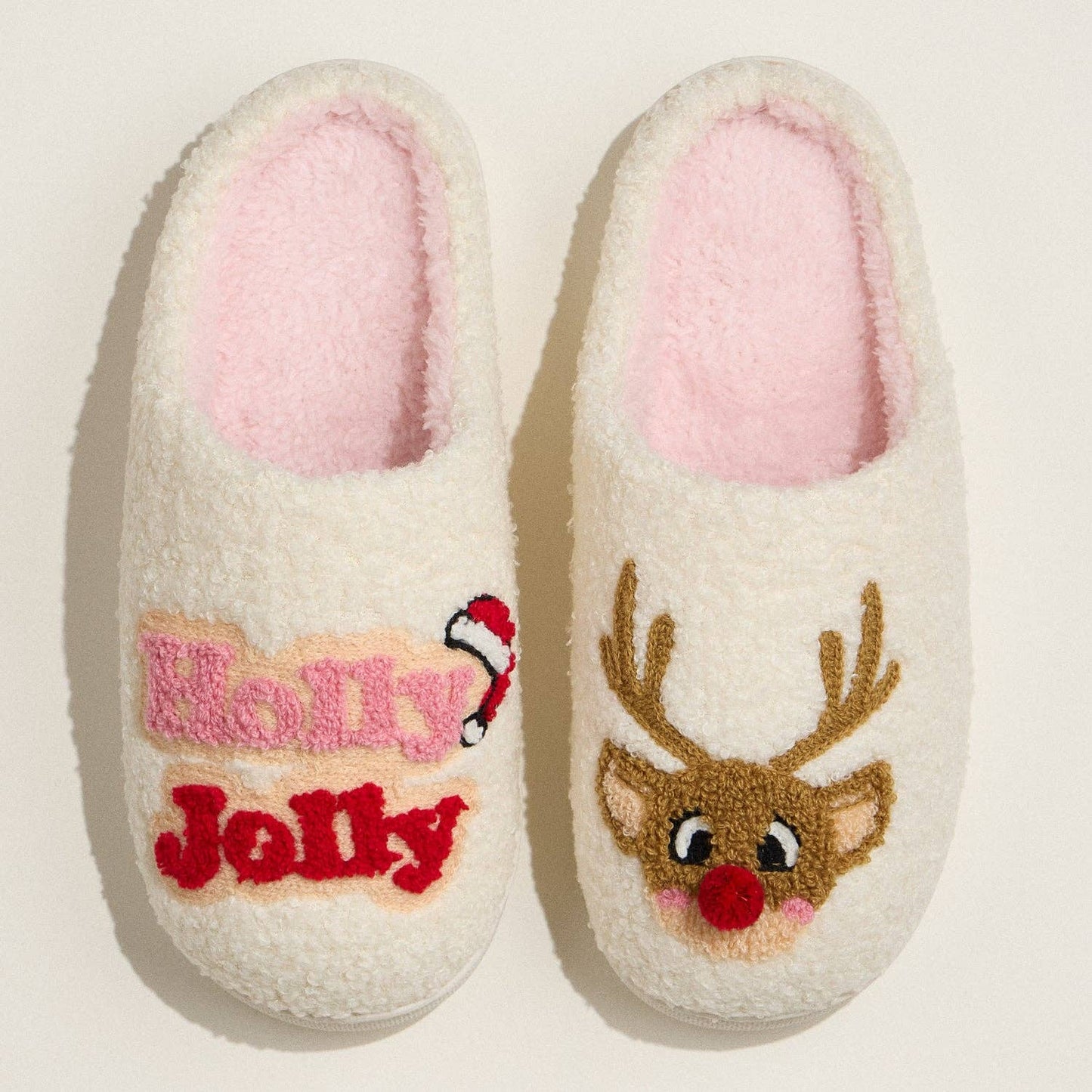 Festive Reindeer Slippers with Holly Embroidery for Christmas Gift