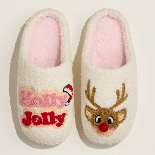 Festive Reindeer Slippers with Holly Embroidery for Christmas Gift