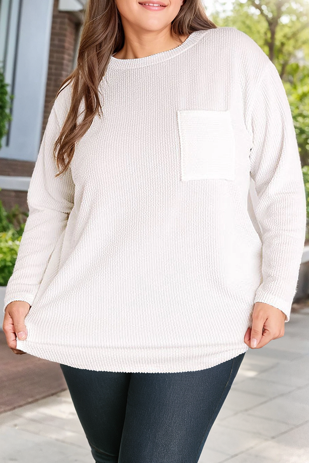 Plus Size Textured Knit Long Sleeve Pullover Top