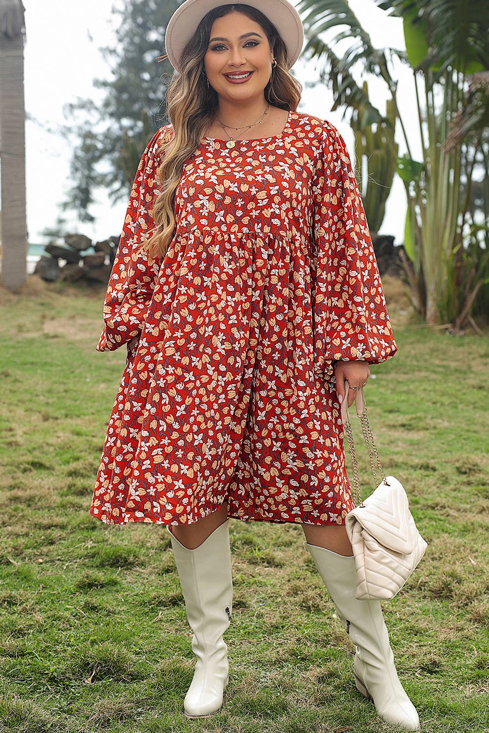 Gold Flame Ploral Print Plus Size Midi Dress