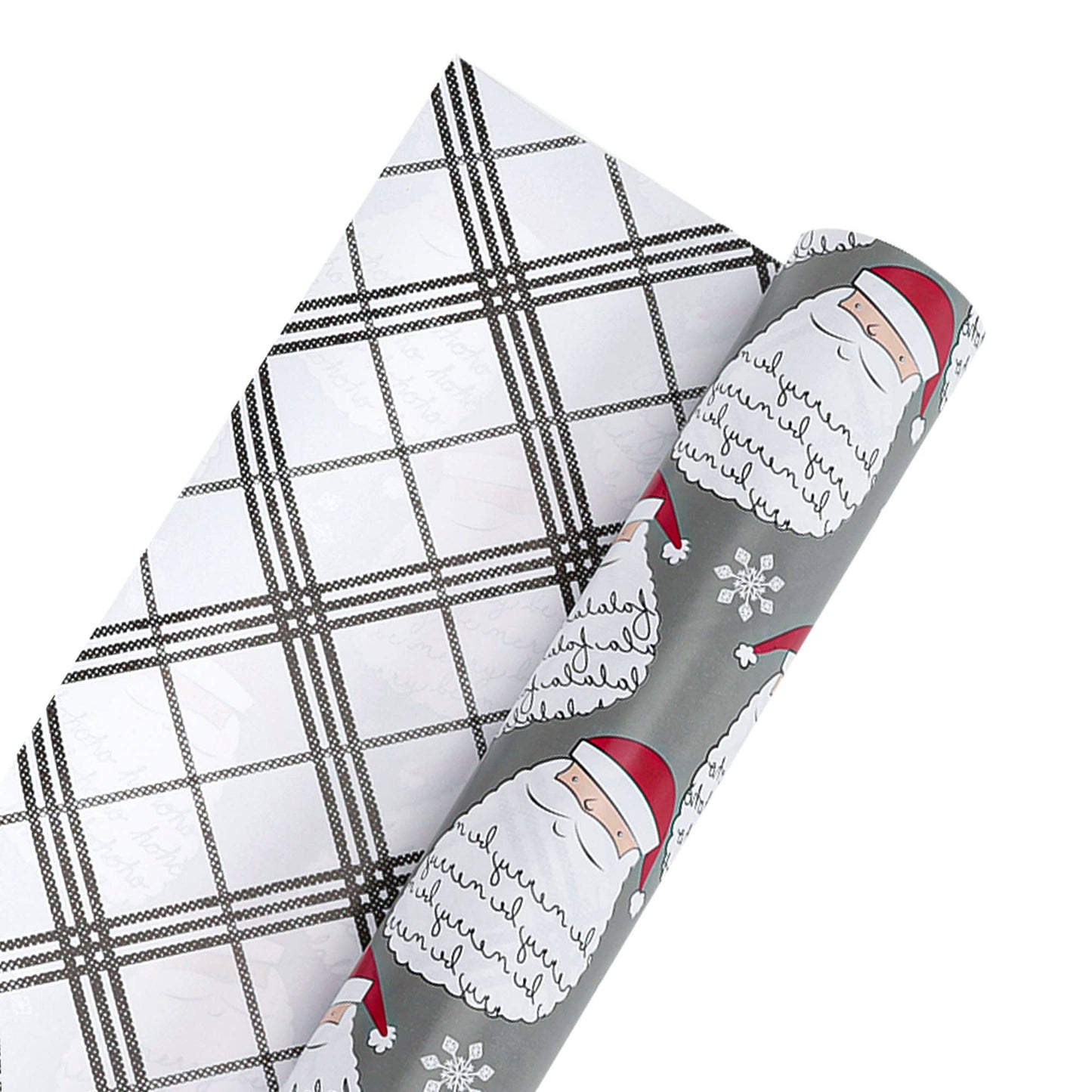 30" x 10' Holiday Reversible Wrapping Paper | Merry Santa Face/Black and White Plaid