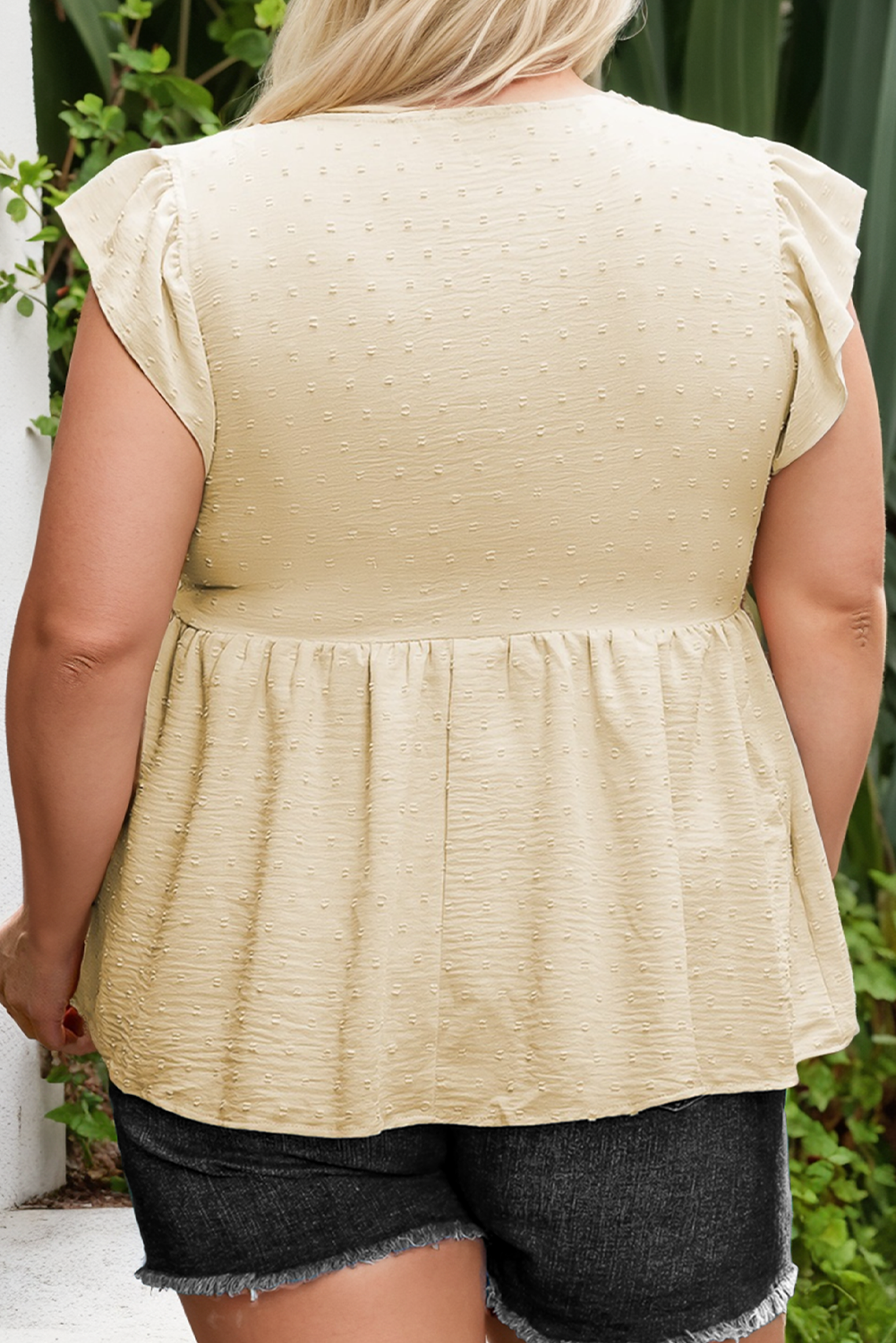 Plus Size Swiss Dot Lace Trim Split Neck Babydoll Top