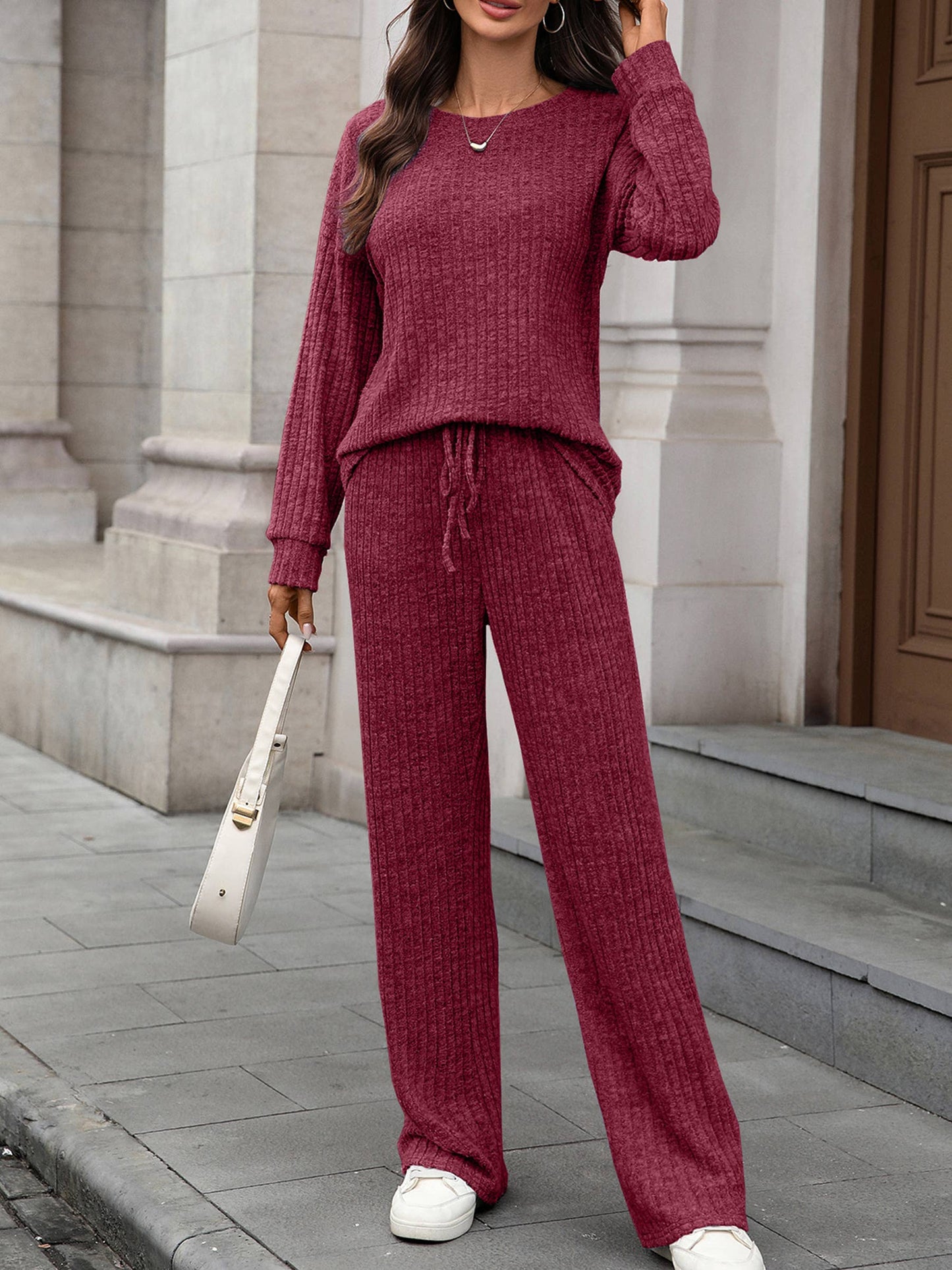 Round Neck Knitted Brushed Long Sleeved Pants Set