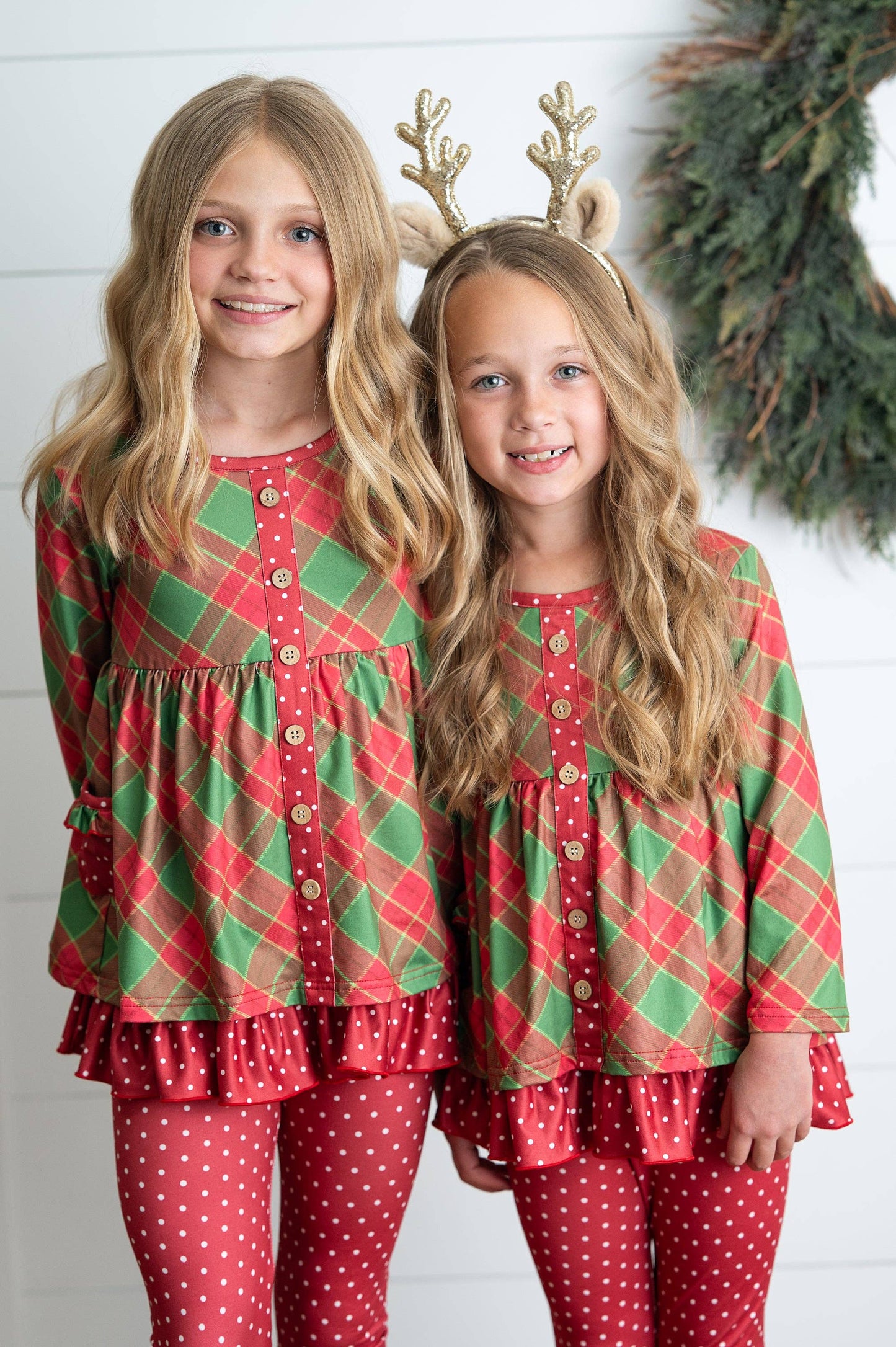 Kids Holiday Plaid & Polka Dot Pocket Ruffle Button Pant Set
