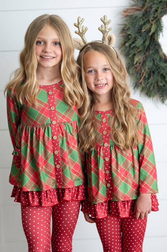 Kids Holiday Plaid & Polka Dot Pocket Ruffle Button Pant Set