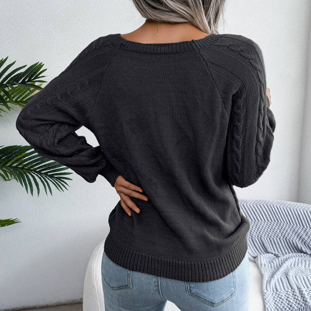 Fall Winter Casual Square Neck Button Detail Cable Knit Swea