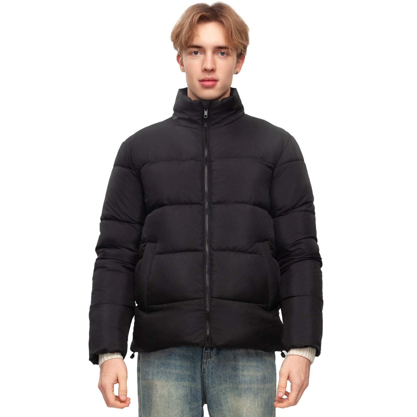 Men's Solid Puffer Coat Stand Up Collar Jacket