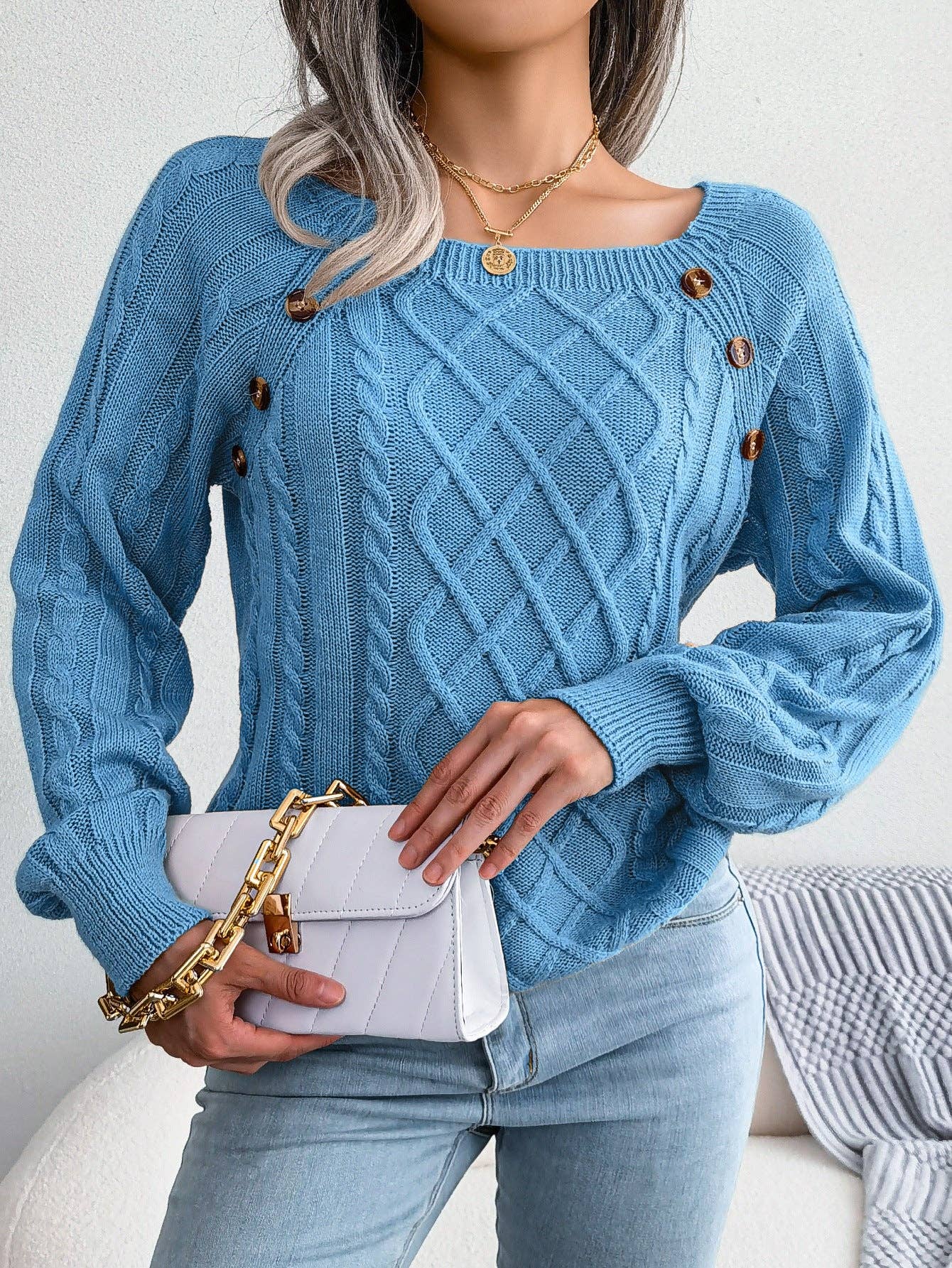 Fall Winter Casual Square Neck Button Detail Cable Knit Swea