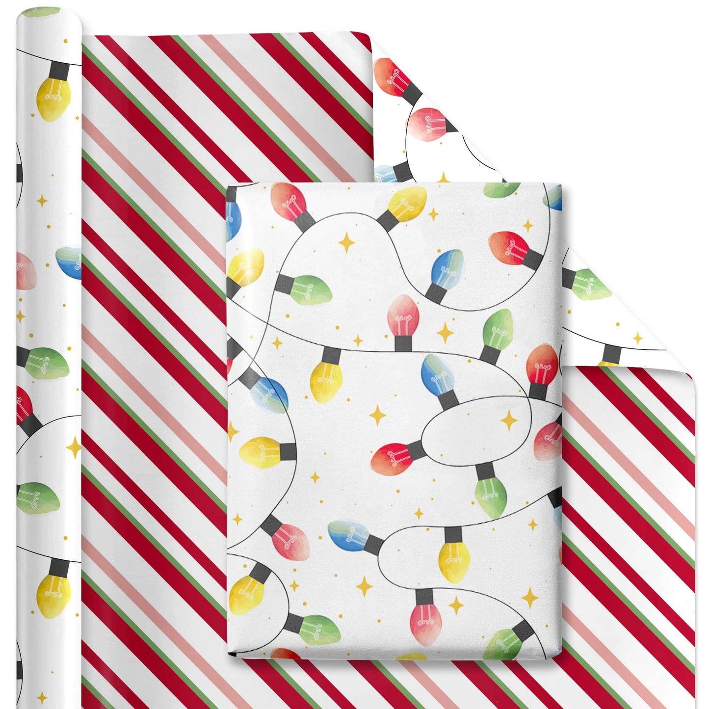 Reversible Holiday Wrapping Paper Festive Lights/Stripes