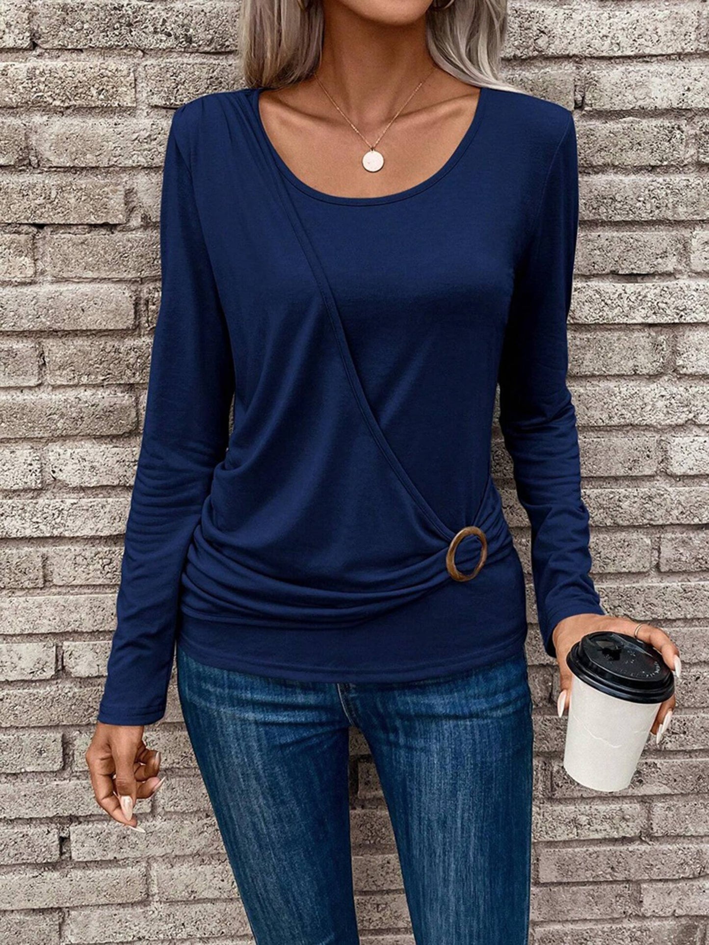 Round Neck Buckle Pleated Waistband Fashion Tops