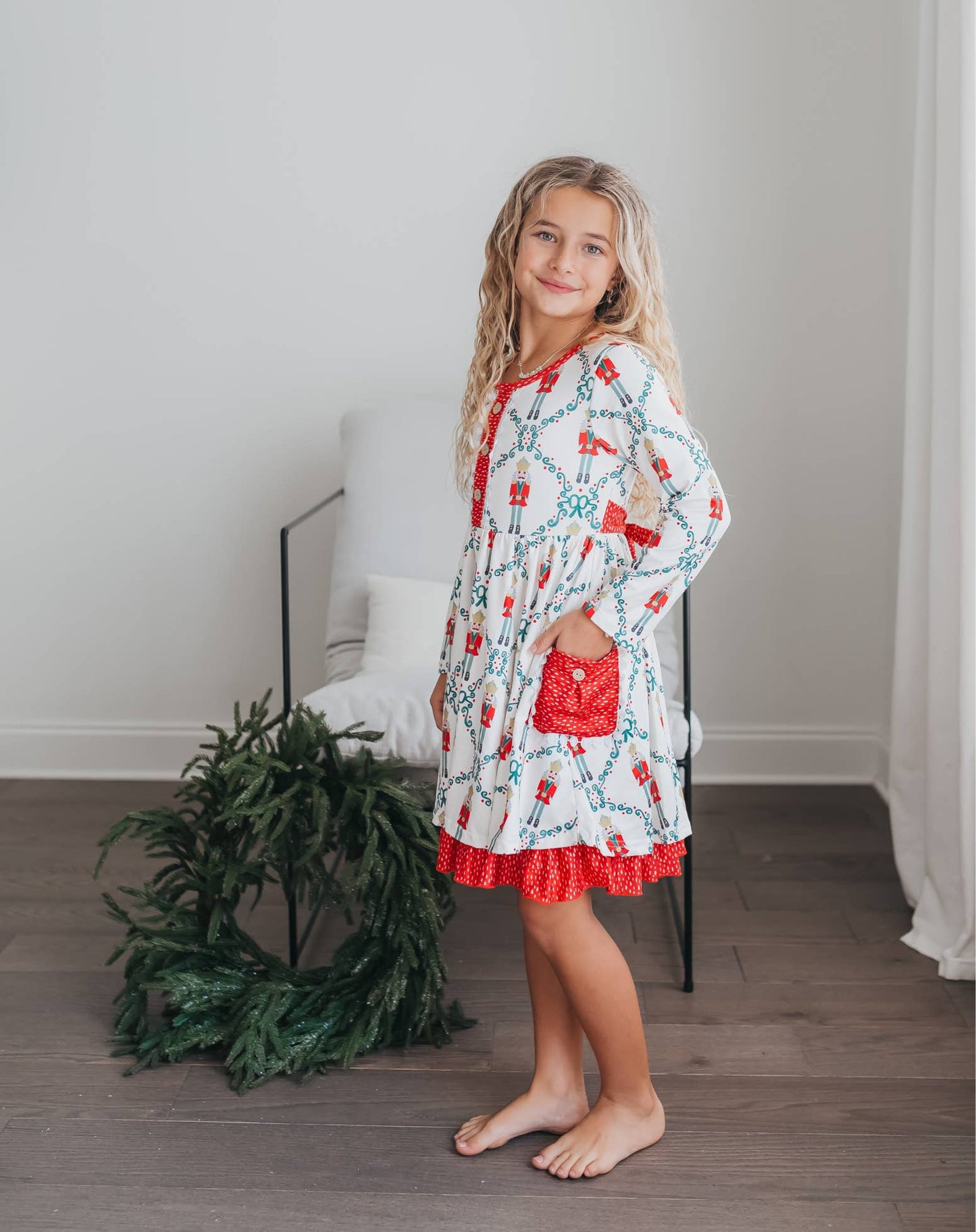 Kids Christmas Holiday Nutcracker Pocket Tie Ruffle Dress