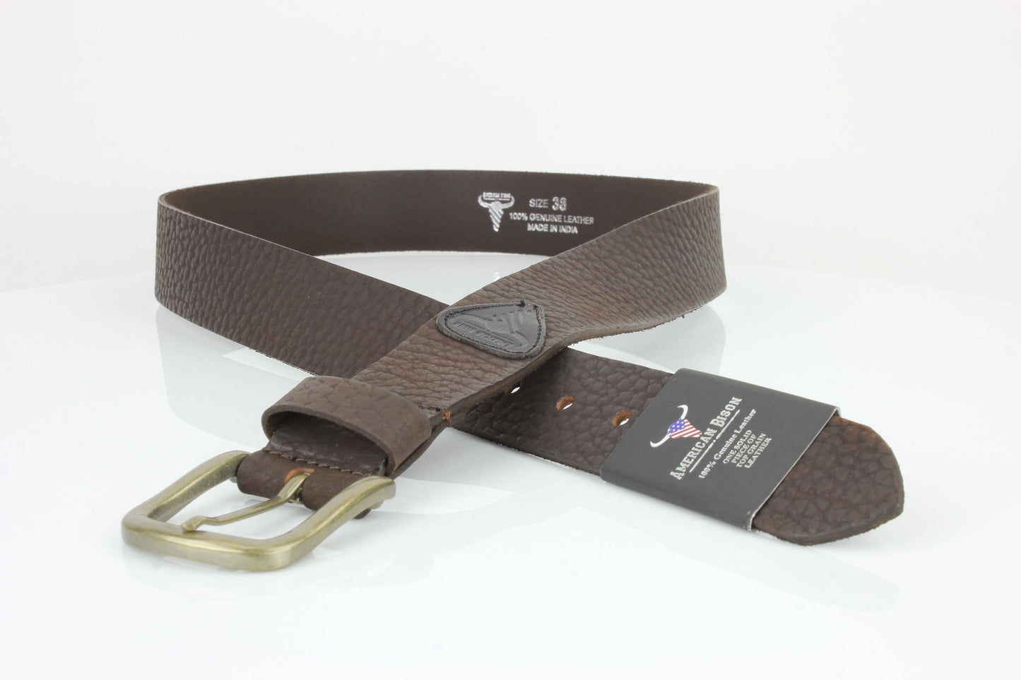Distressed Grain Leather Belt with Embossed Patch ABB 023