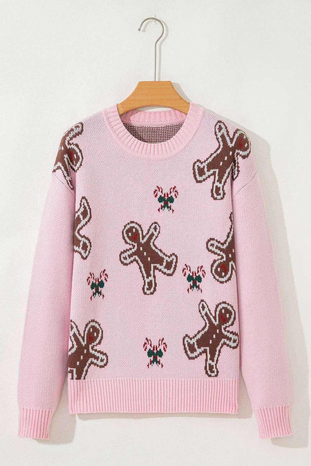 Pink Christmas Ginger Bread Man Print Round Neck Casual Sweater