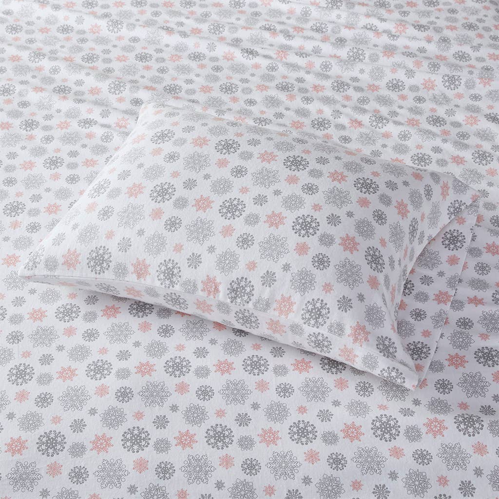 Flannel Cotton Winter Sheet Set, Grey/Blush Snowflakes