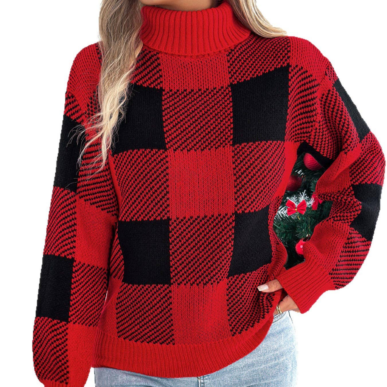 Christmas contrasting lantern sleeve turtleneck sweater