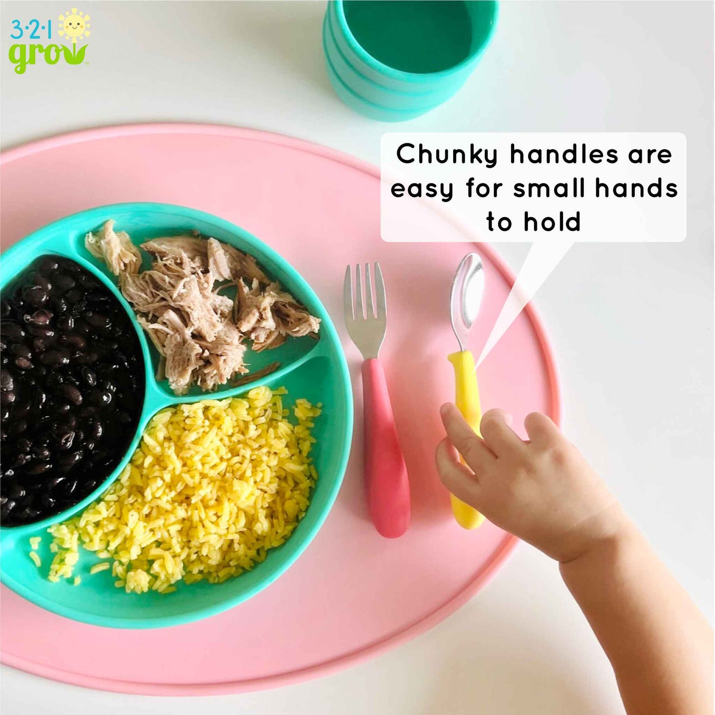 321 Grow Eat with Me Silicone Spoon and Fork Set - Midnight