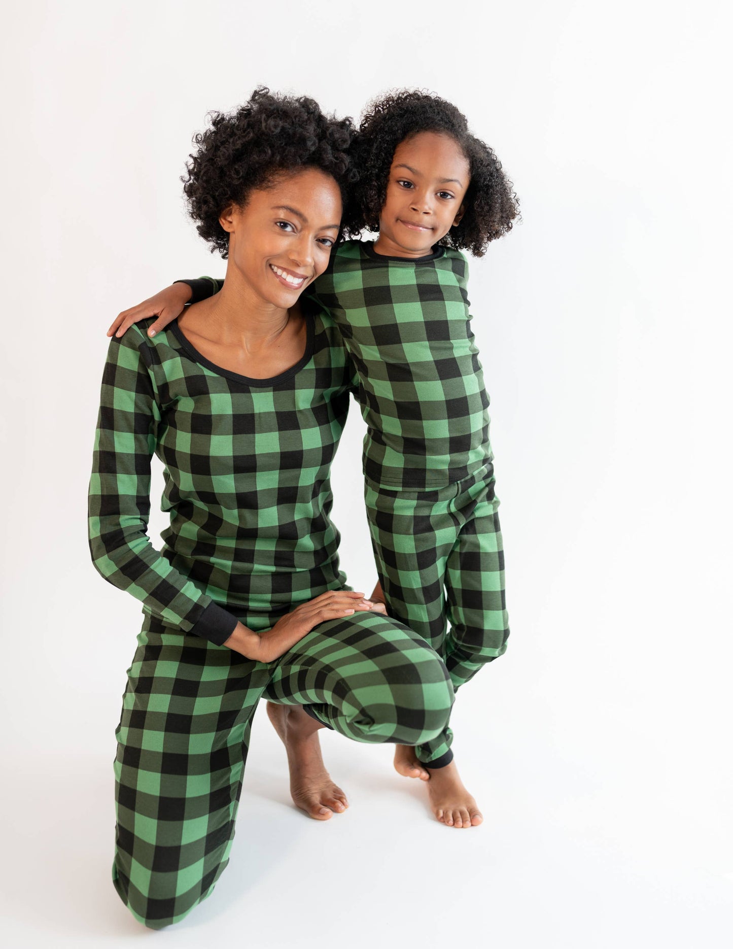 Kids Two Piece Cotton Pajamas Black & Green Plaid