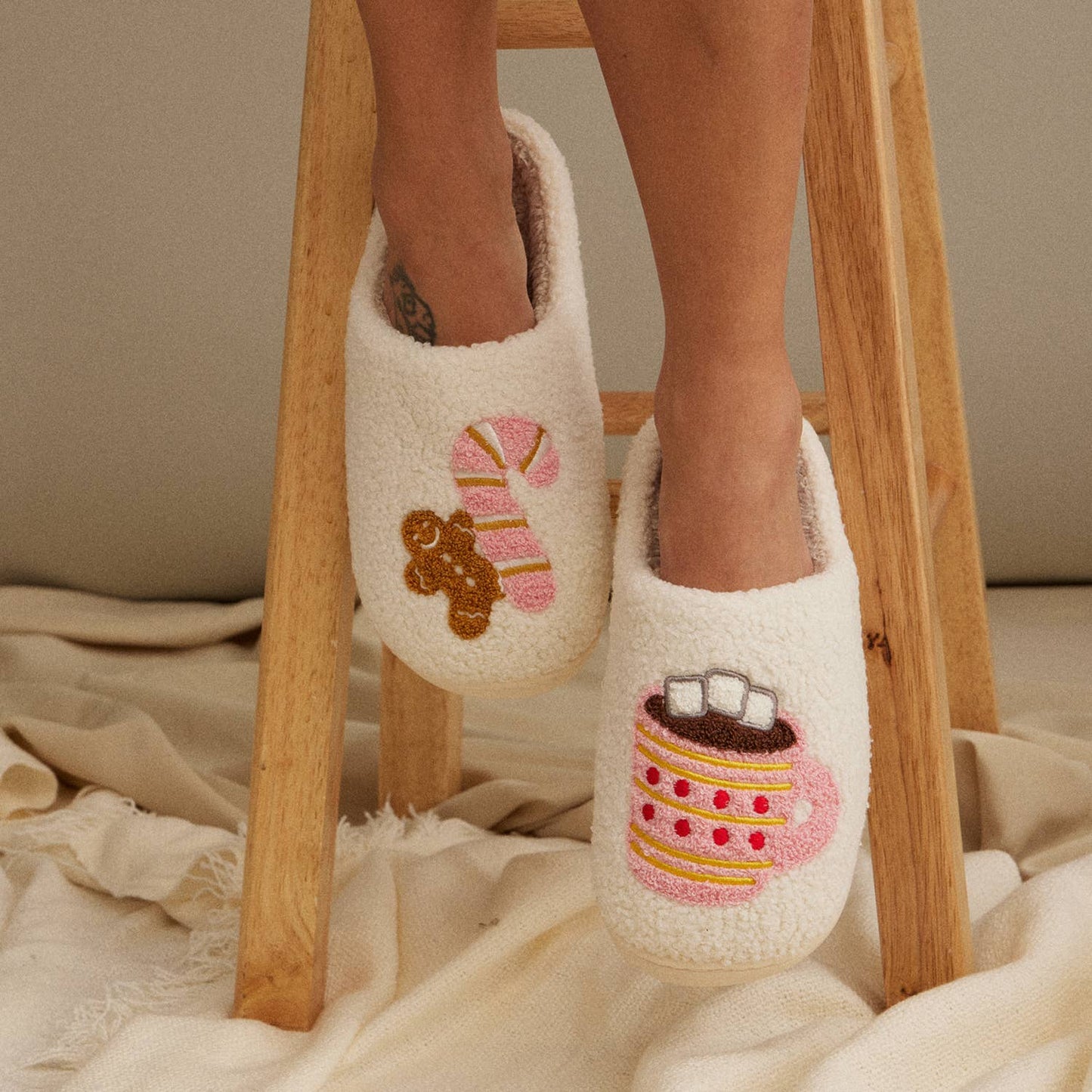 Gingerbread Man & Hot Chocolate Fuzzy Slippers for Christmas Gift