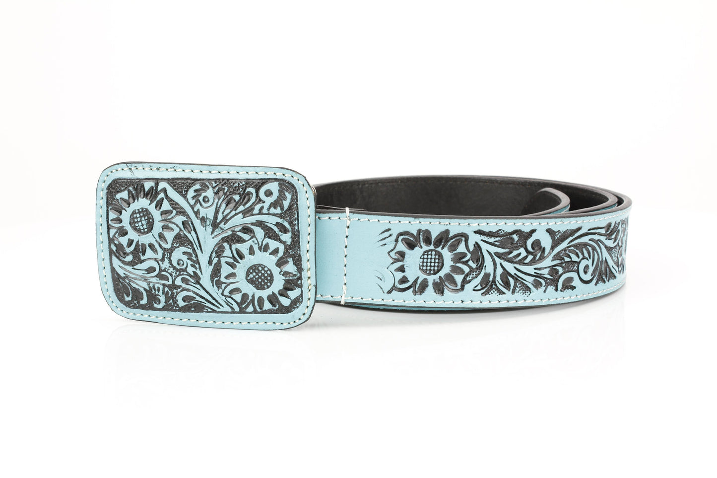 Western Tooled Leather Belt in Black & Turquoise ABB 38 1015