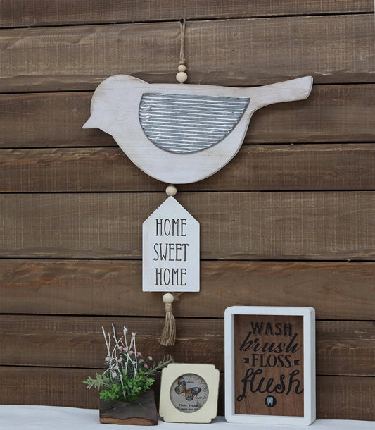 PARISLOFT Wood Galvanized Metal Bird Sign