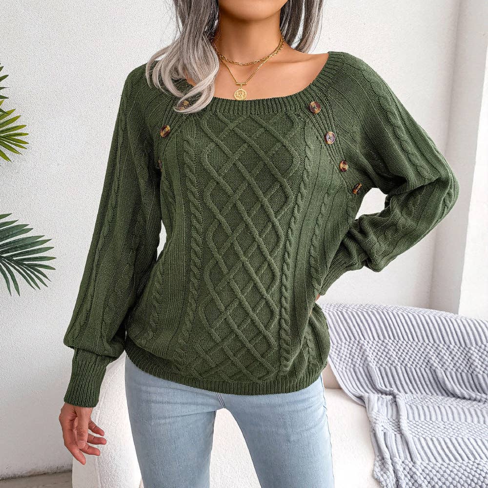 Fall Winter Casual Square Neck Button Detail Cable Knit Swea