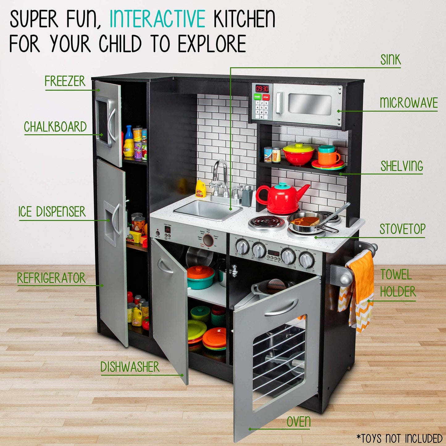 Kids Kitchen Set, Wooden Kitchen Playset with Accesories