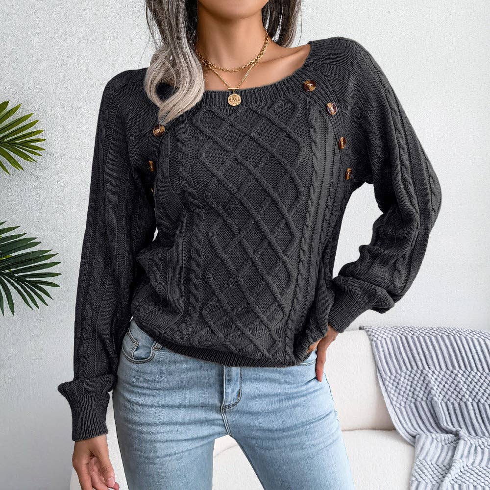 Fall Winter Casual Square Neck Button Detail Cable Knit Swea