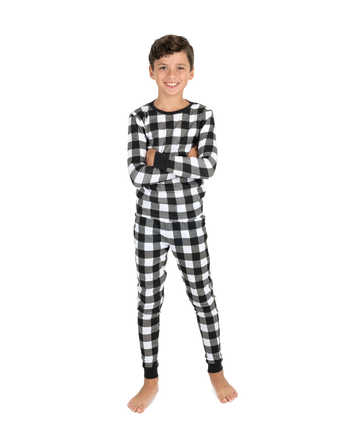 Kids Two Piece Cotton Pajamas Black & White Plaid
