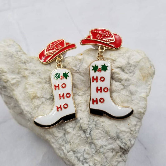 HO HO HO Cowboy Hat Santa Boot Earrings