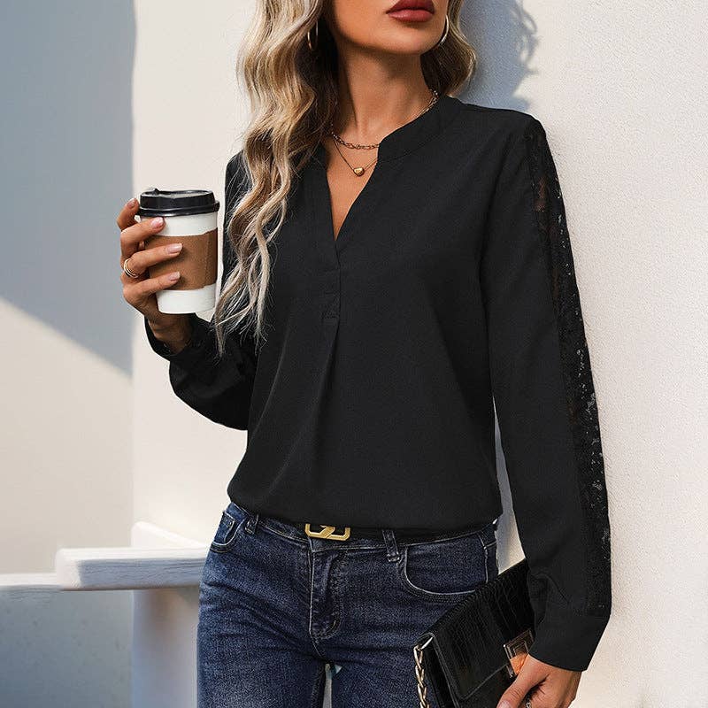 Long Sleeve V-Neck Pullover Lace Splicing Shirt