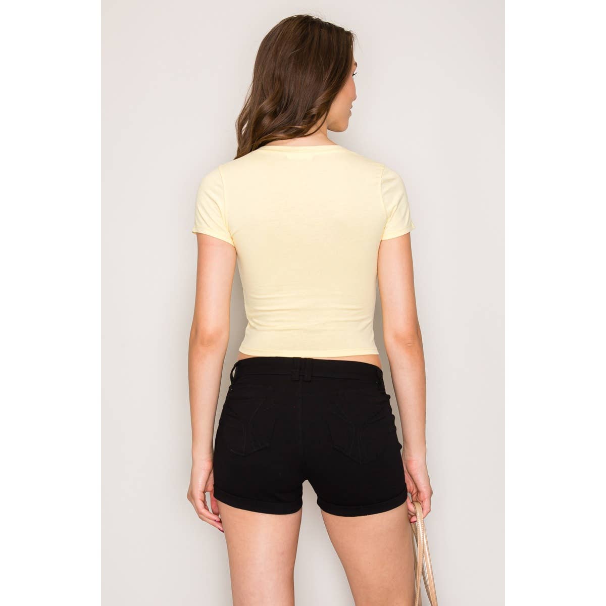 V Neck Short Sleeve Rib Knit Solid Cropped Tee