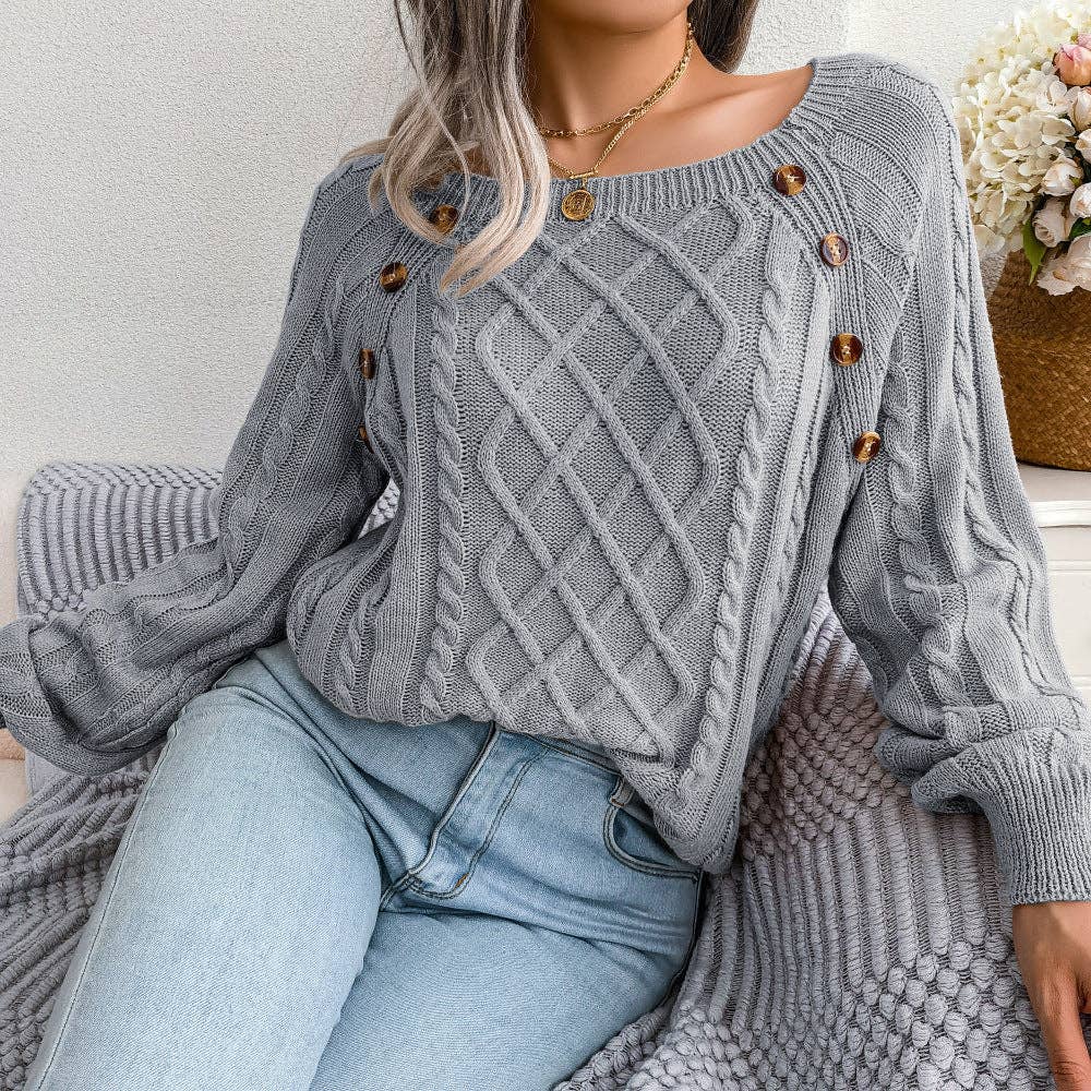 Fall Winter Casual Square Neck Button Detail Cable Knit Swea